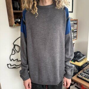 Vintage 90s Bugle Boy Colorblock Gray Blue and Black Knit Sweater ~ Size Large